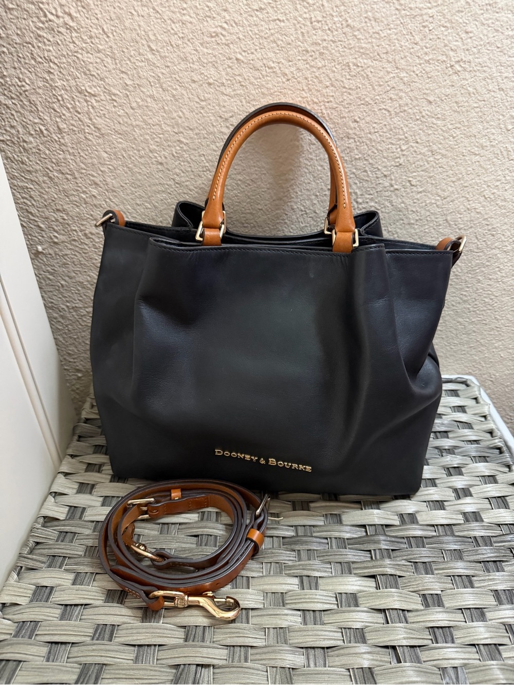Dooney & Bourke Barlow Black Leather Tote with Brown Trim